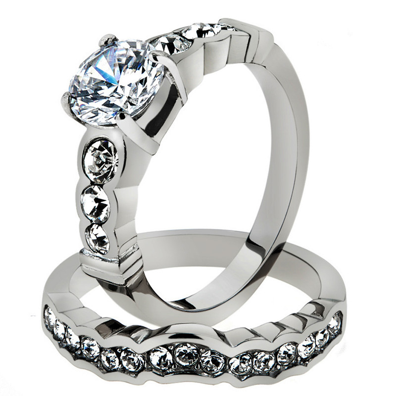 ST974-ARM4587 His & Her Stainless Steel 2.35 Ct Cz Bridal Ring Set & Men Zirconia Wedding Band