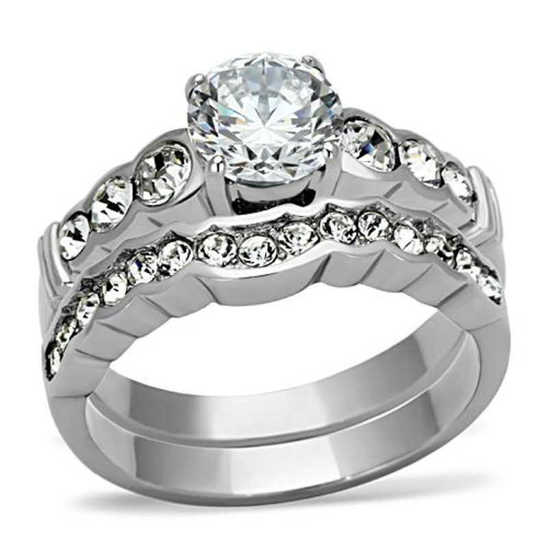 ST974-ARM0006 His & Her 3pc Stainless Steel 2.35 Ct Cz Bridal Ring Set & Men Beveled Edge Band