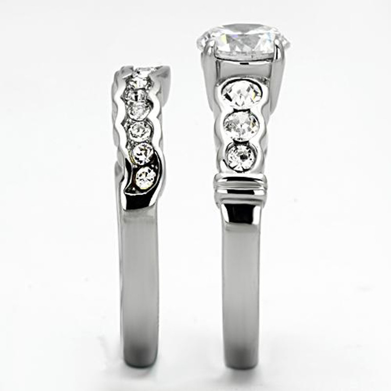 ST974-ARM0006 His & Her 3pc Stainless Steel 2.35 Ct Cz Bridal Ring Set & Men Beveled Edge Band