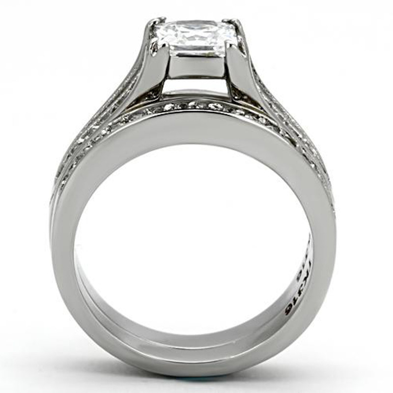 ST969-AR001 His & Her 3pc Stainless Steel 2.10 Ct Cz Bridal Set & Men's Classic Wedding Band