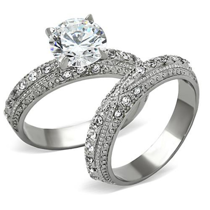 ST1228-ARM4587 His & Her Stainless Steel 3.25 Ct Cz Bridal Ring Set & Men Zirconia Wedding Band