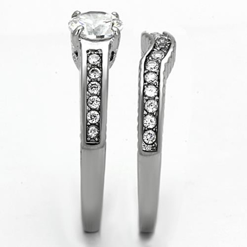 ST1231-AR011 His & Her 3 Pc Stainless Steel 1.75 Ct Cz Bridal Set & Men Zirconia Wedding Band