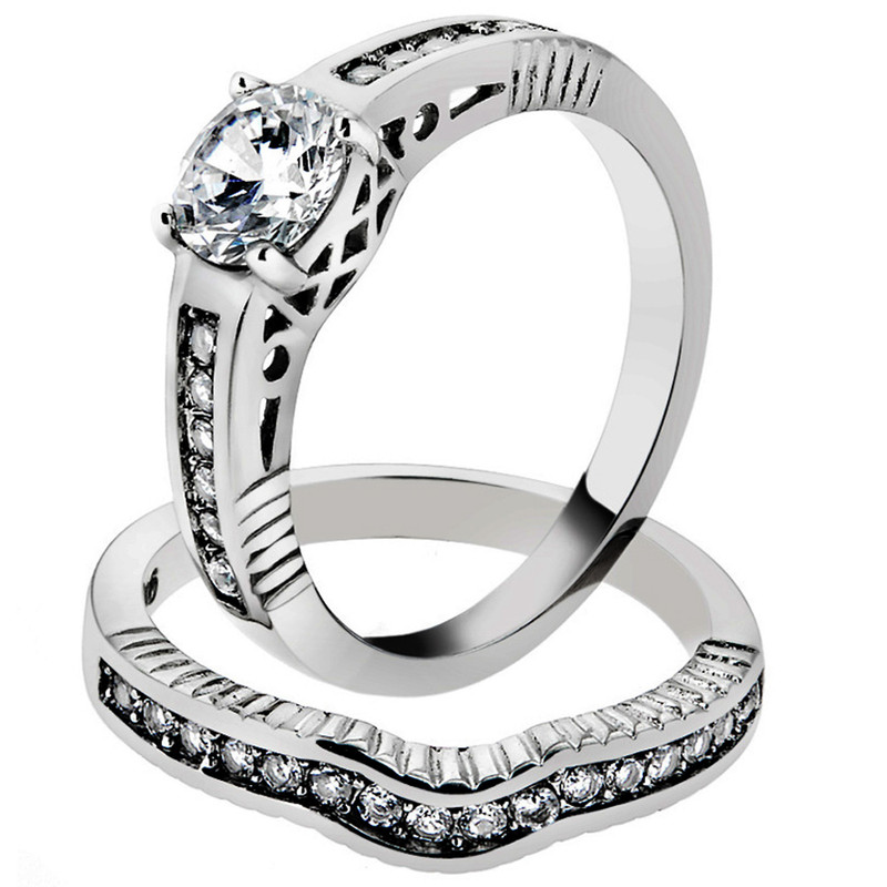 ST1231-ARM0006 His & Her 3pc Stainless Steel 1.75 Ct Cz Bridal Ring Set & Men Beveled Edge Band