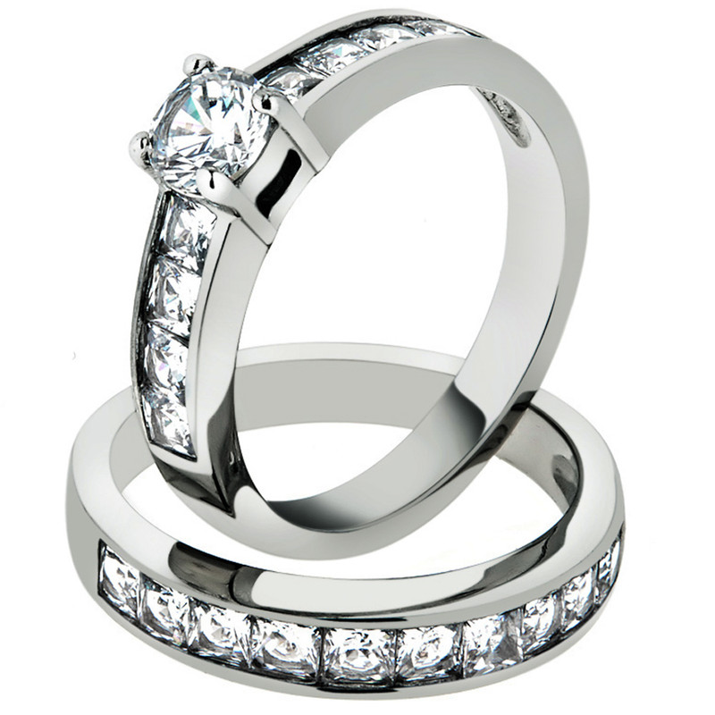 ST1321-ARH1570 His & Hers Stainless Steel 3.25 Ct Cz Bridal Set & Men's Eternity Wedding Band