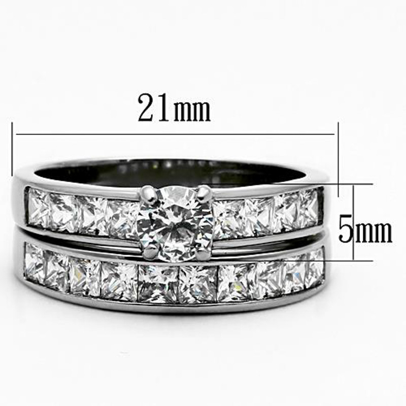 ST1321-ARM0006 His & Her 3pc Stainless Steel 3.25 Ct Cz Bridal Ring Set & Men Beveled Edge Band