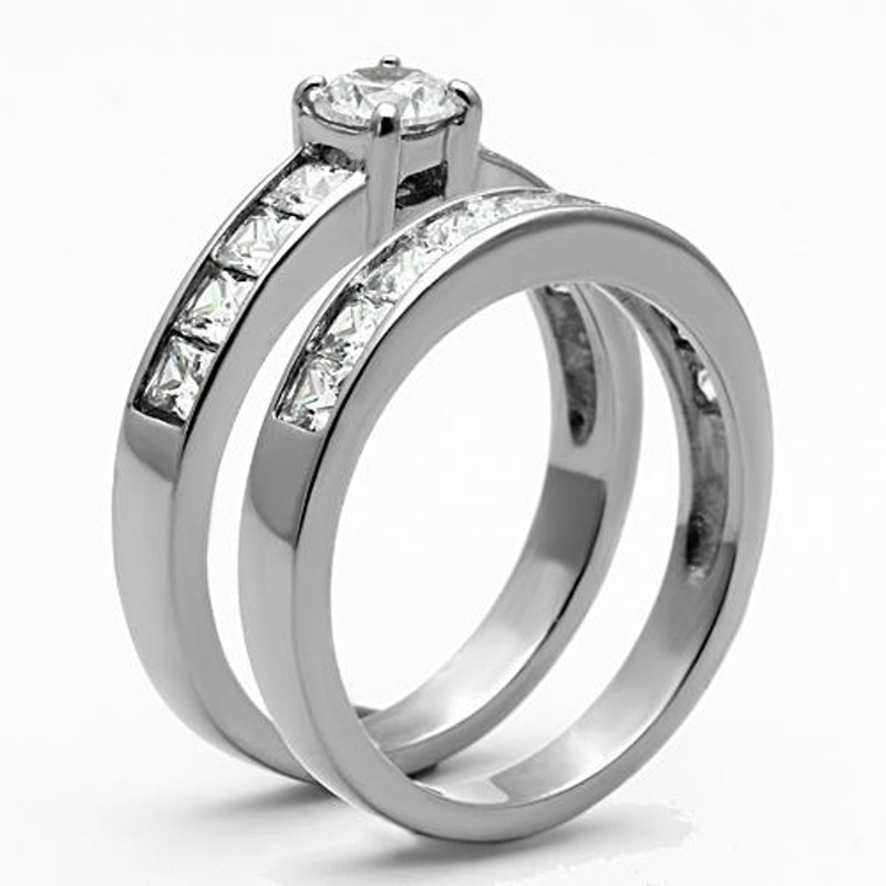 ST1321-ARM4587 His & Her Stainless Steel 3.25 Ct Cz Bridal Ring Set & Men Zirconia Wedding Band