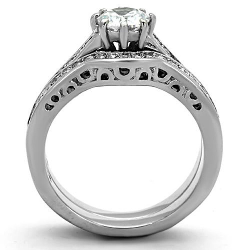 ST1330-AR001 His & Her 3pc Stainless Steel 1.85 Ct Cz Bridal Set & Men's Classic Wedding Band