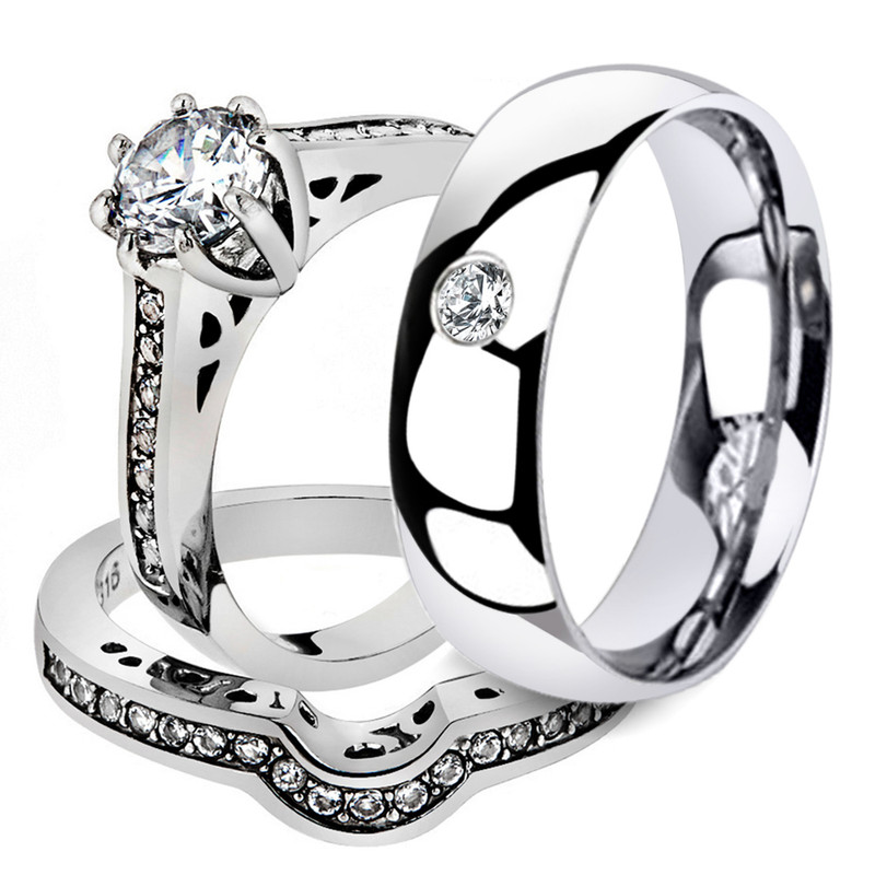 His & Hers 3 Pc Stainless Steel Bridal Ring Set & Men's Zirconia Wedding Band