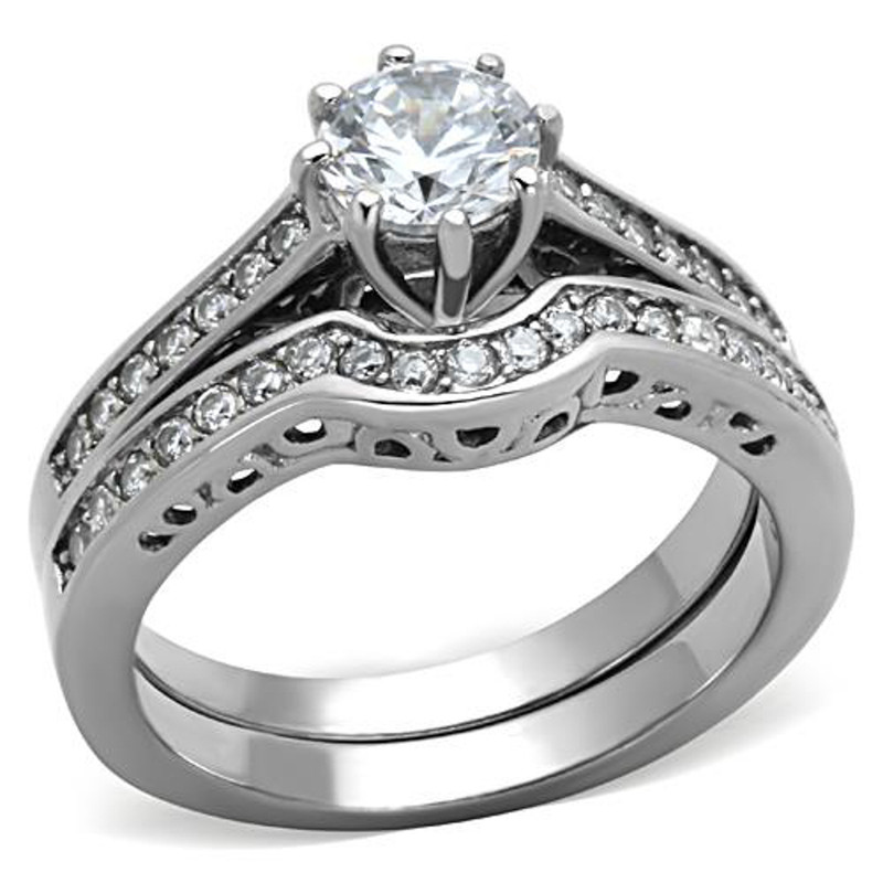 ST1330-AR011 His & Her 3 Pc Stainless Steel 1.85 Ct Cz Bridal Set & Men Zirconia Wedding Band