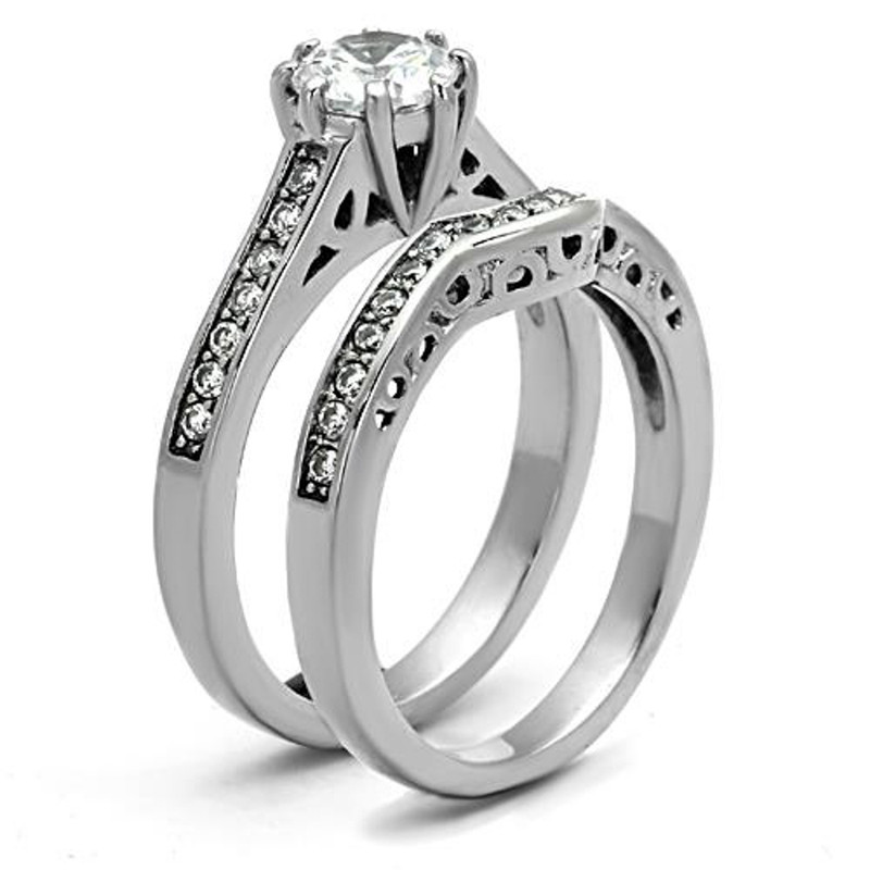 ST1330-AR011 His & Her 3 Pc Stainless Steel 1.85 Ct Cz Bridal Set & Men Zirconia Wedding Band