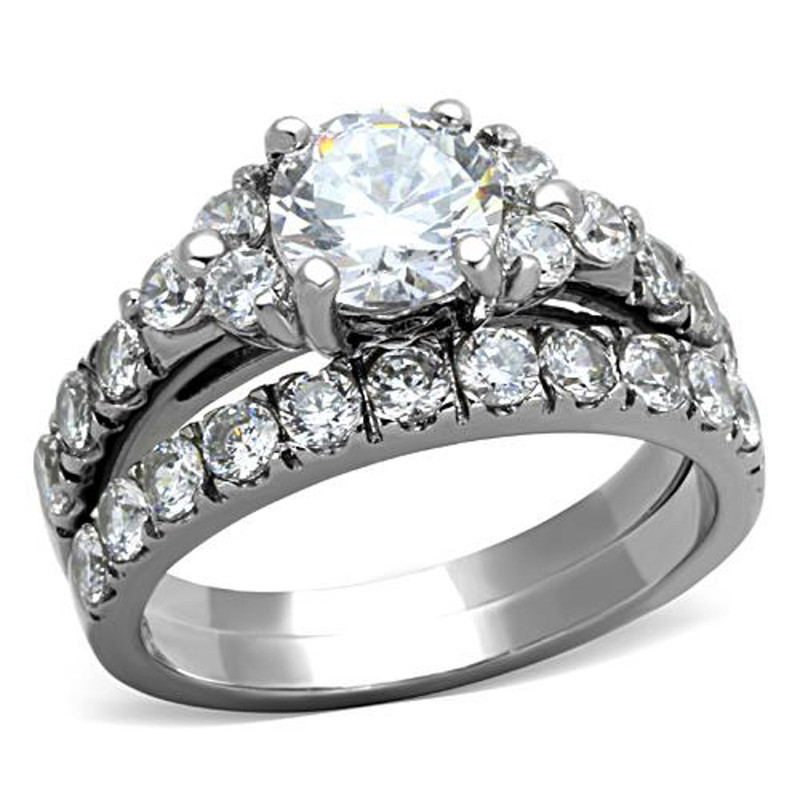 ST1331-AR011 His & Her 3 Pc Stainless Steel 2.50 Ct Cz Bridal Set & Men Zirconia Wedding Band