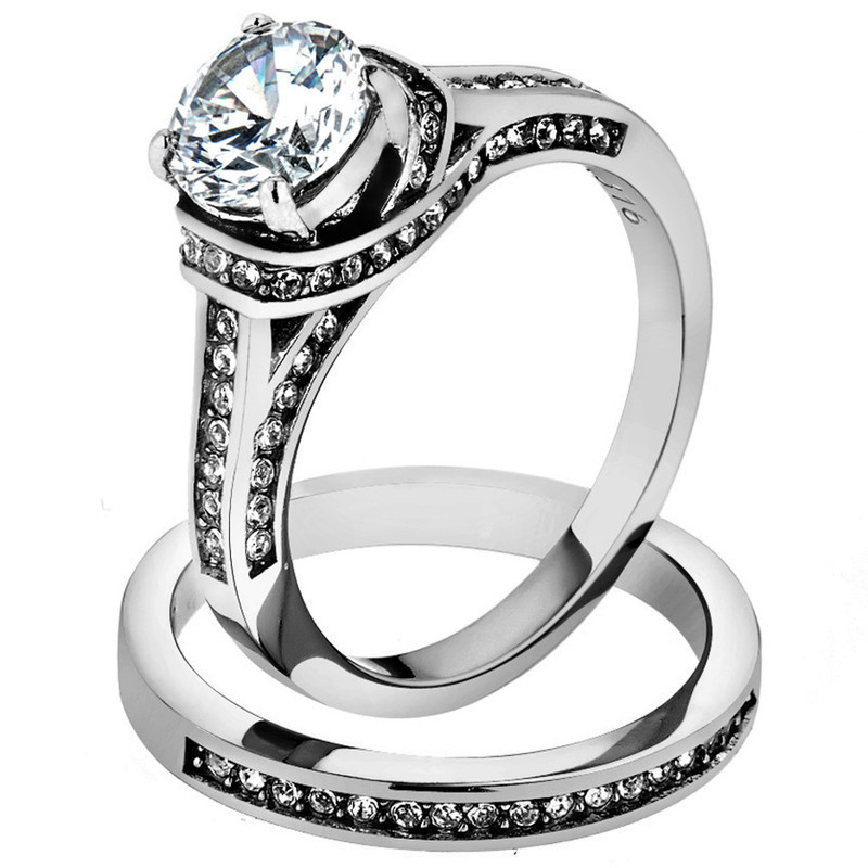 ST1919-AR001 His & Her 3pc Stainless Steel 2.75 Ct Cz Bridal Set & Men's Classic Wedding Band