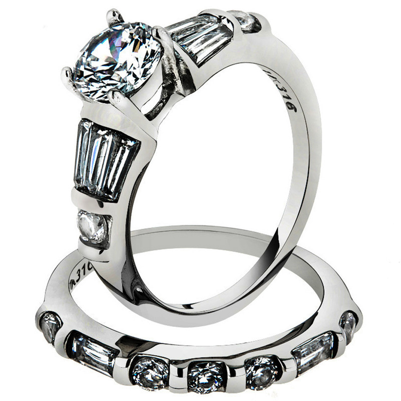 ST1535-AR001 His & Her 3pc Stainless Steel 2.50 Ct Cz Bridal Set & Men's Classic Wedding Band