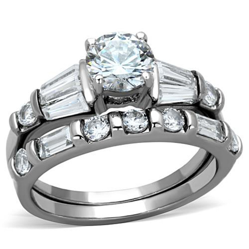 ST1535-ARM0006 His & Her 3pc Stainless Steel 2.50 Ct Cz Bridal Ring Set & Men Beveled Edge Band