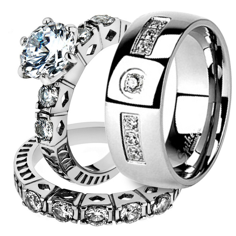 His & Her Stainless Steel 3.10 Ct Cz Bridal Ring Set & Men Zirconia Wedding Band