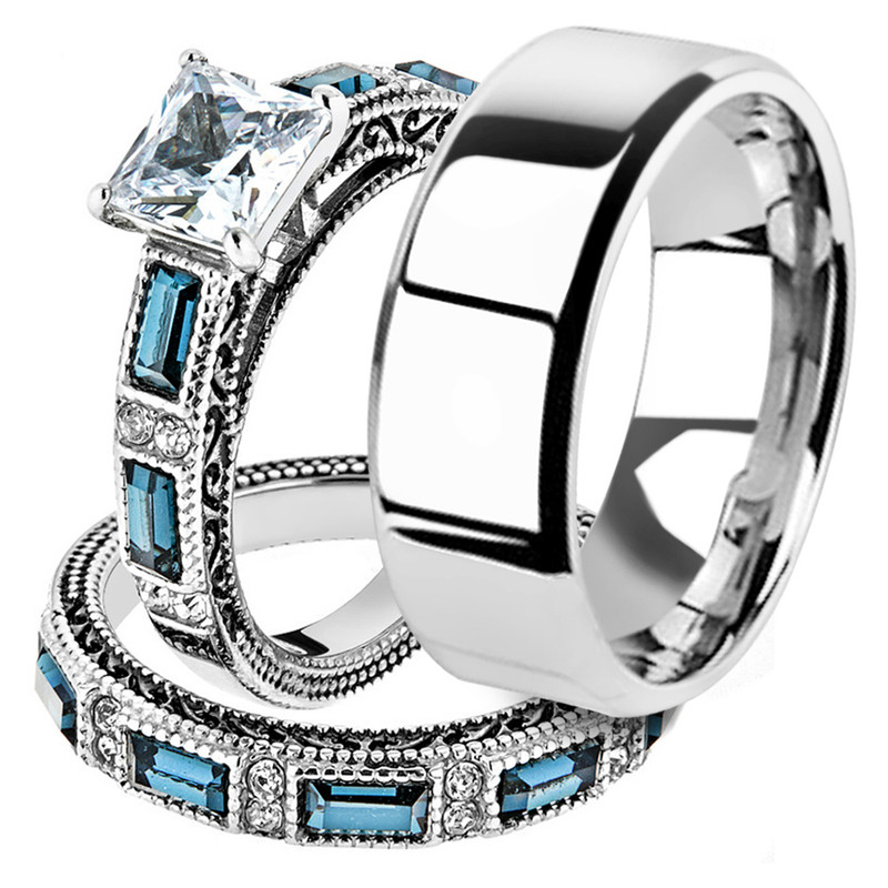 His & Her 3pc Stainless Steel 2.60 Ct Cz Bridal Ring Set & Men Beveled Edge Band