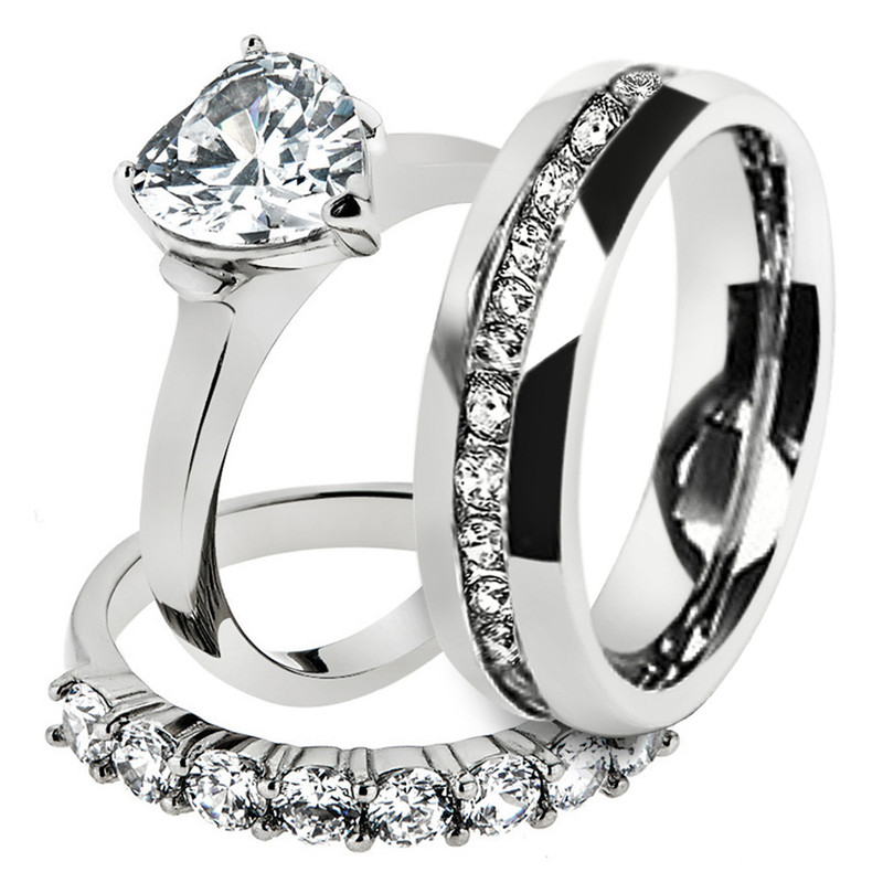 His & Hers Stainless Steel 2.70 Ct Cz Bridal Set & Men's Eternity Wedding Band