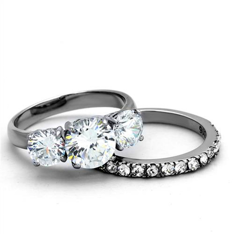 ST2177-AR001 His & Her 3pc Stainless Steel 4.17 Ct Cz Bridal Set & Men's Classic Wedding Band