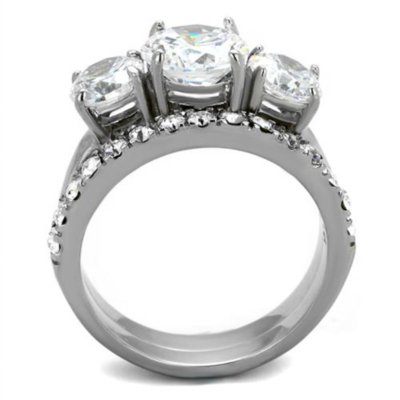 ST2177-ARM0006 His & Her 3pc Stainless Steel 4.17 Ct Cz Bridal Ring Set & Men Beveled Edge Band