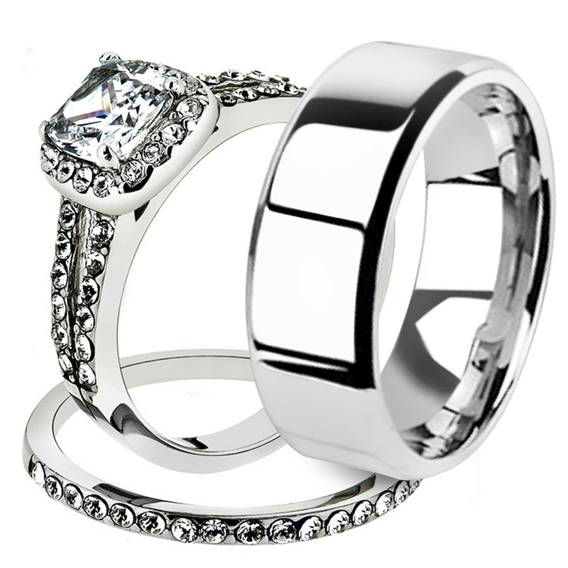 His & Her 3pc Stainless Steel 1.80 Ct Cz Bridal Ring Set & Men Beveled Edge Band