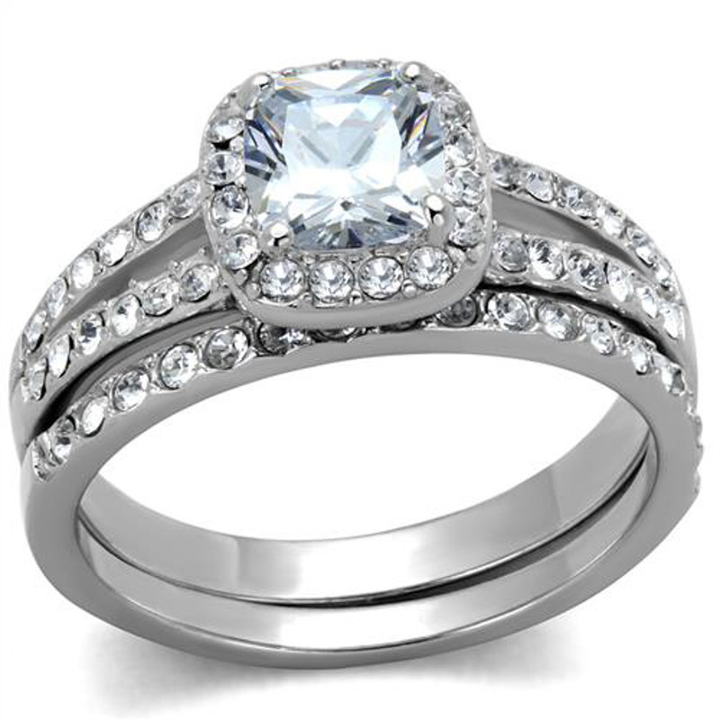 ST2180-ARM4587 His & Her Stainless Steel 1.80 Ct Cz Bridal Ring Set & Men Zirconia Wedding Band