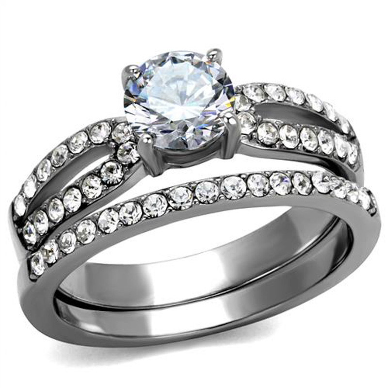 ST2292-AR001 His & Her 3pc Stainless Steel 1.25 Ct Cz Bridal Set & Men's Classic Wedding Band