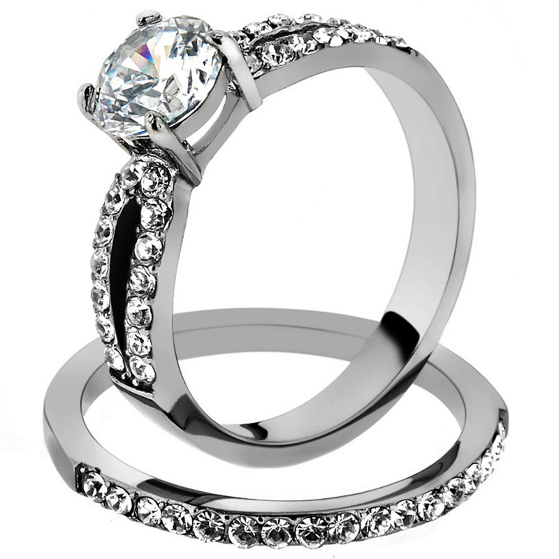 ST2292-AR011 His & Her 3 Pc Stainless Steel 1.25 Ct Cz Bridal Set & Men Zirconia Wedding Band