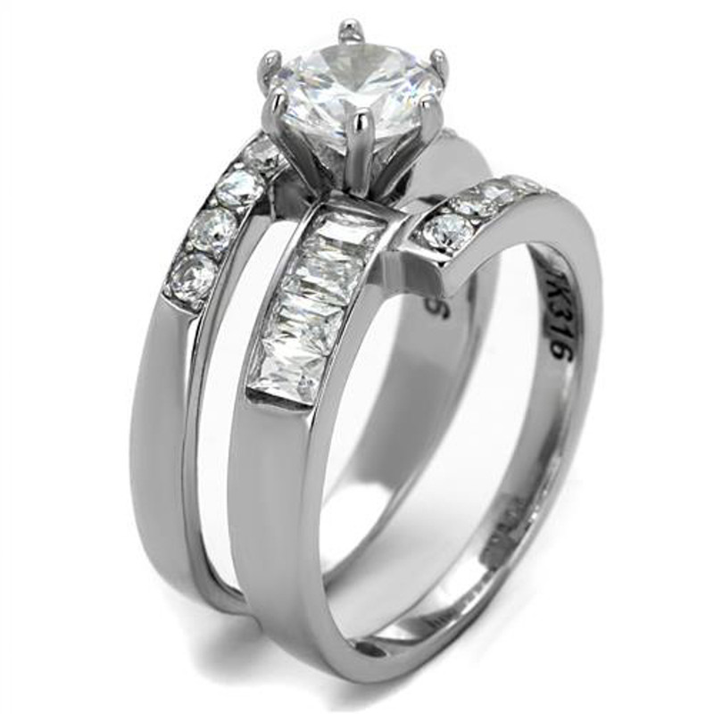 ST2616-AR011 His & Her 3 Pc Stainless Steel 2.50 Ct Cz Bridal Set & Men Zirconia Wedding Band