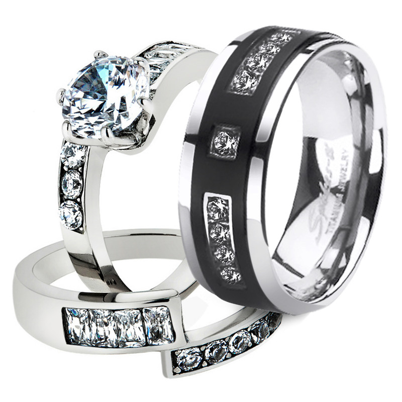 His & Her 3pc Stainless Steel 2.50 Ct Cz Bridal Set & Mens Titanium Wedding Band