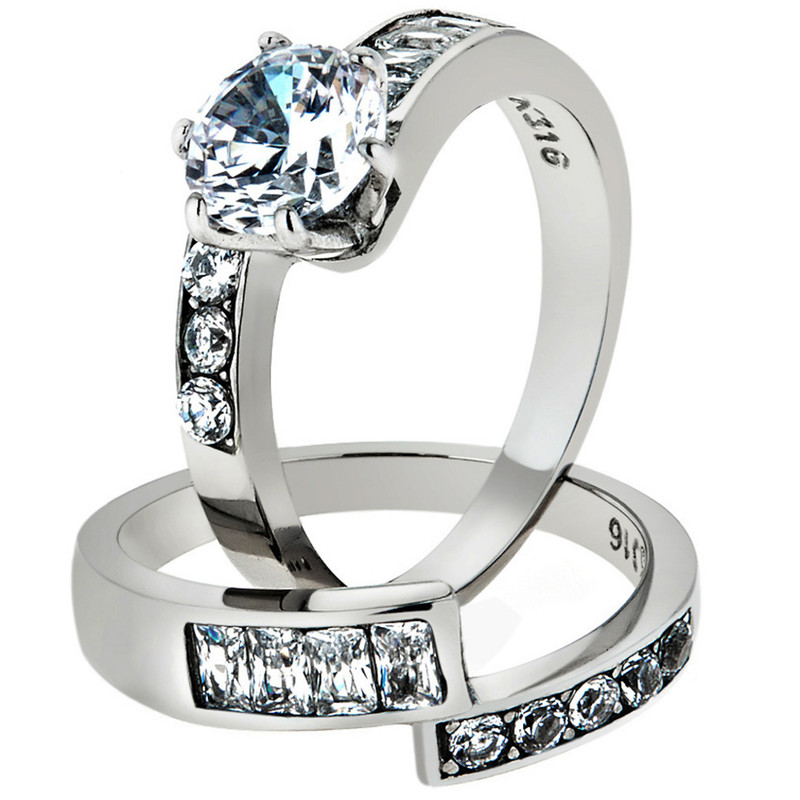 ST2616-ARTI4317 His & Her 3pc Stainless Steel 2.50 Ct Cz Bridal Set & Mens Titanium Wedding Band