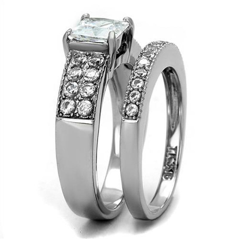 ST2915-AR011 His & Her 3 Pc Stainless Steel 2.07 Ct Cz Bridal Set & Men Zirconia Wedding Band