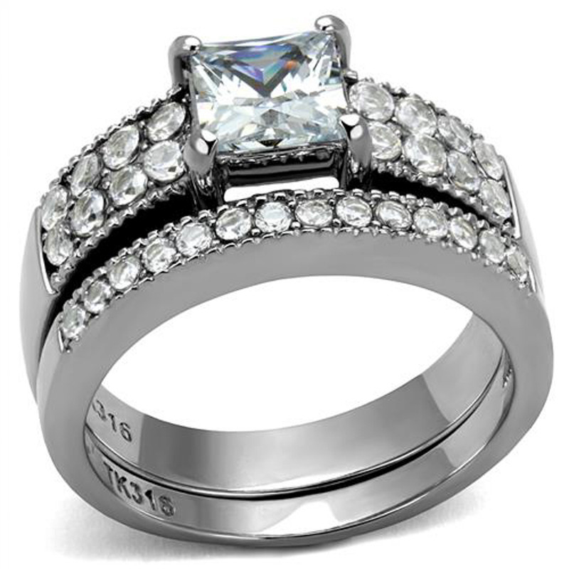 ST2915-ARM0006 His & Her 3pc Stainless Steel 2.07 Ct Cz Bridal Ring Set & Men Beveled Edge Band