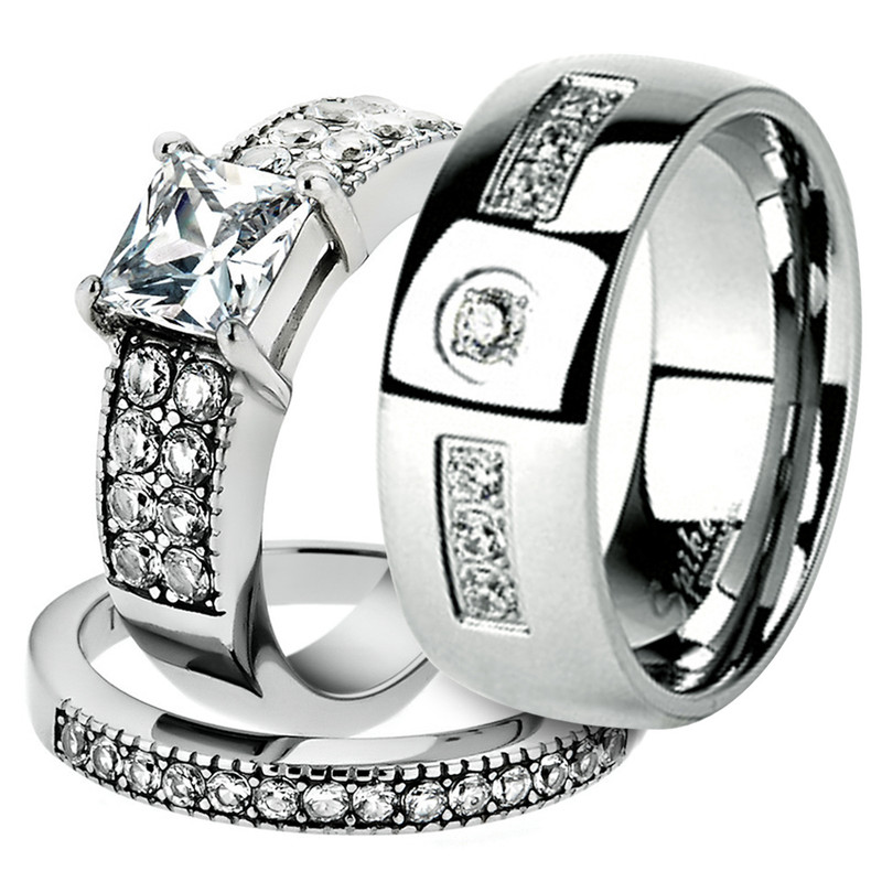 His & Her Stainless Steel 2.07 Ct Cz Bridal Ring Set & Men Zirconia Wedding Band