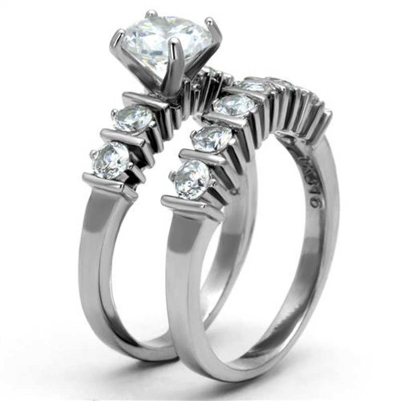 ST2869-AR001 His & Her 3pc Stainless Steel 2.38 Ct Cz Bridal Set & Men's Classic Wedding Band