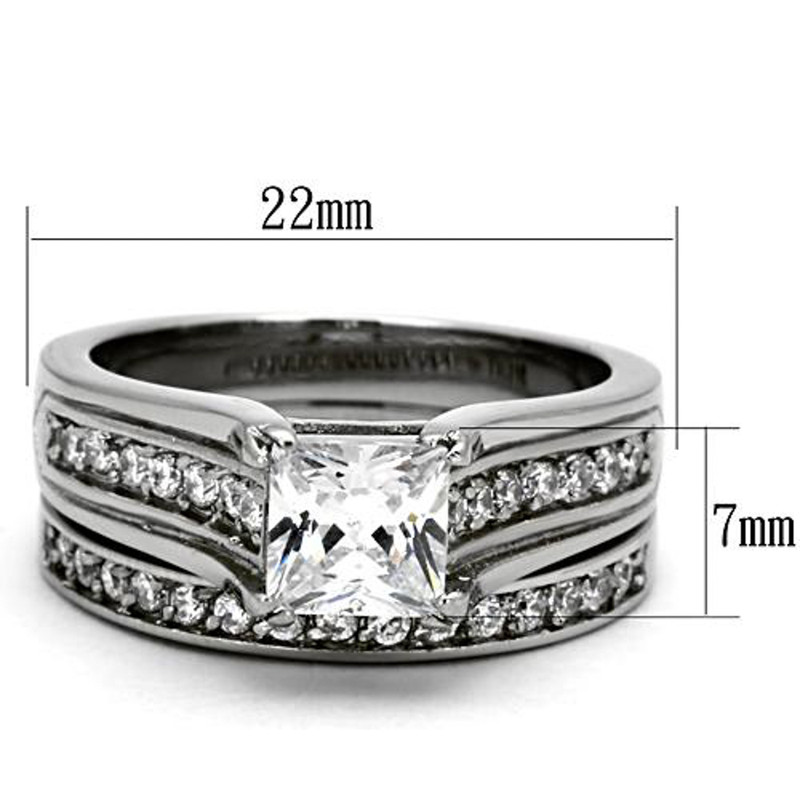 ST969-ARH1570 His & Hers 3 Pc Stainless Steel Princess Bridal Ring Set & Eternity Wedding Band