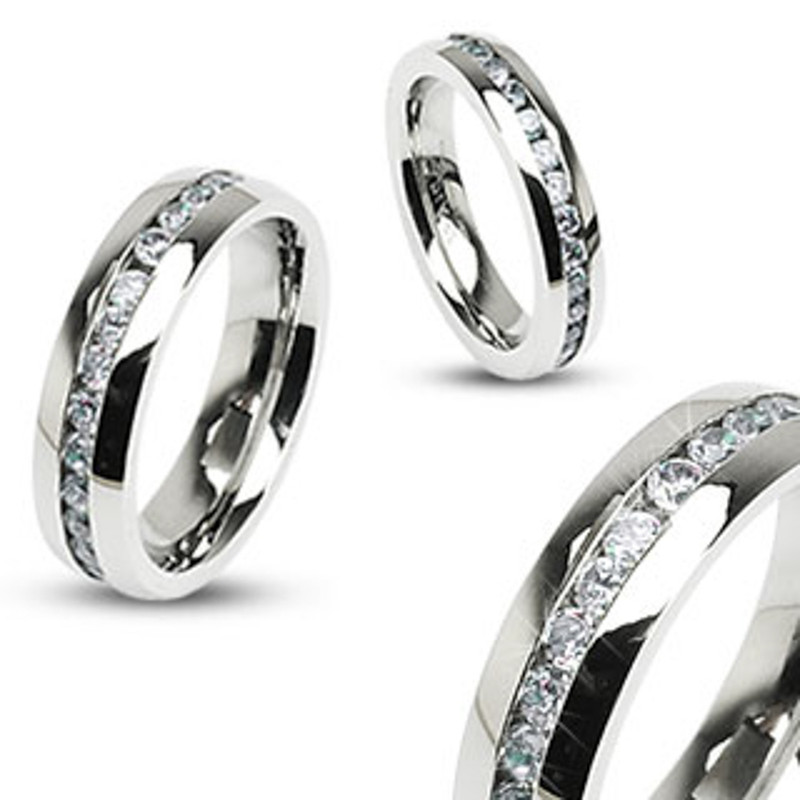 ST969-ARH1570 His & Hers 3 Pc Stainless Steel Princess Bridal Ring Set & Eternity Wedding Band