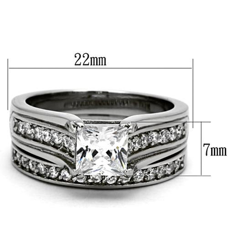 ST969-AR011 Hers & His Stainless Steel Princess Bridal Ring Set & Mens Zirconia Wedding Band