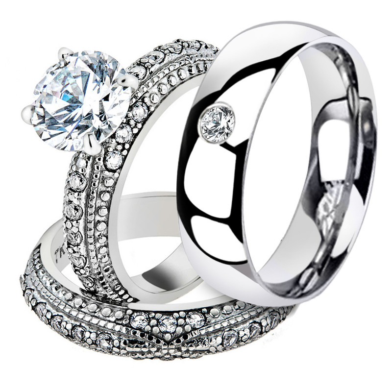 His & Hers Stainless Steel Vintage Bridal Ring Set & Mens Zirconia Wedding Band