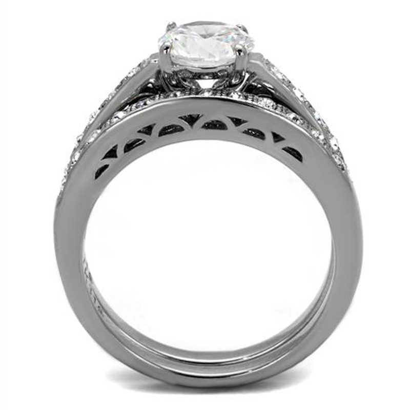 ST2477-AR001 His & Her 3pc Stainless Steel 1.39 Ct Cz Bridal Set & Men's Classic Wedding Band