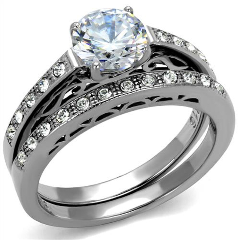 ST2477-AR001 His & Her 3pc Stainless Steel 1.39 Ct Cz Bridal Set & Men's Classic Wedding Band