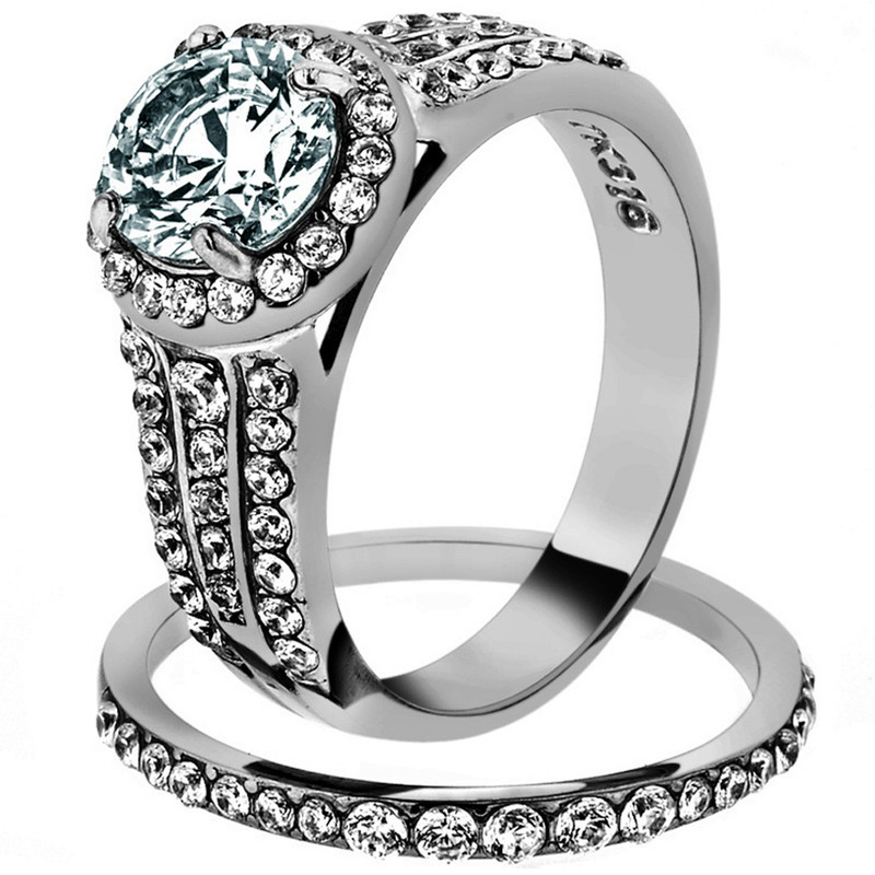 ST2476-ARM0006 His & Her 3pc Stainless Steel 2.45 Ct Cz Bridal Ring Set & Men Beveled Edge Band