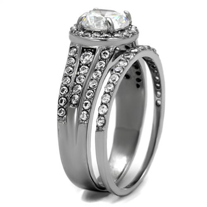 ST2476-ARM0006 His & Her 3pc Stainless Steel 2.45 Ct Cz Bridal Ring Set & Men Beveled Edge Band