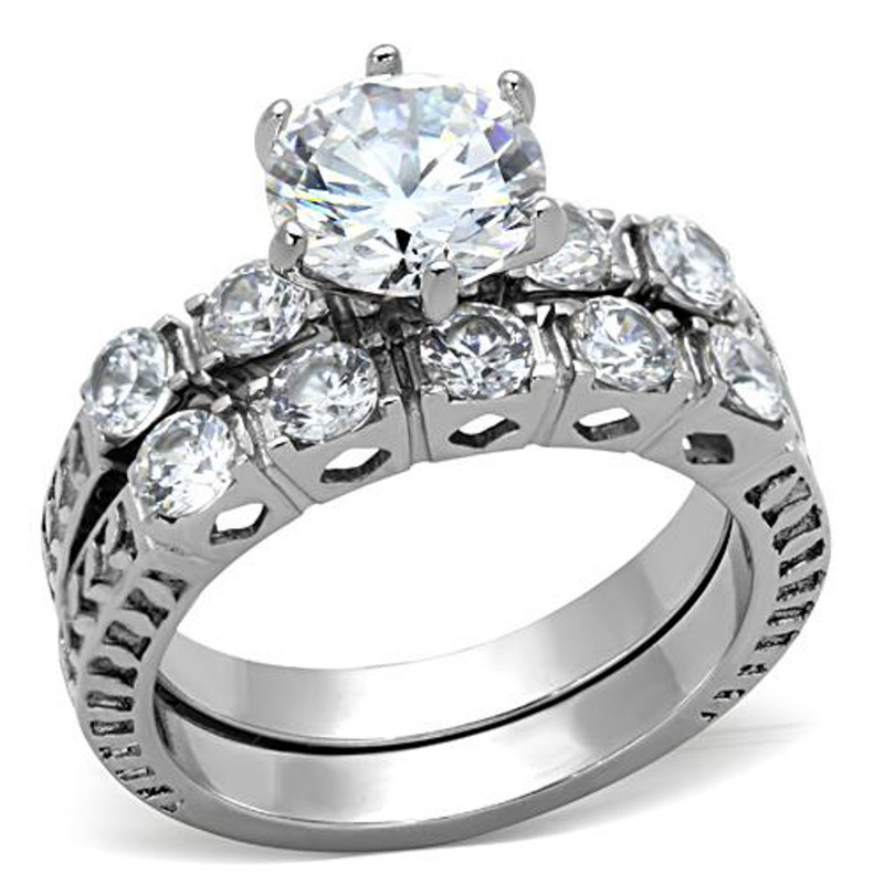 ST1450-ARM0006 His & Her 3pc Stainless Steel 3.10 Ct Cz Bridal Ring Set & Men Beveled Edge Band