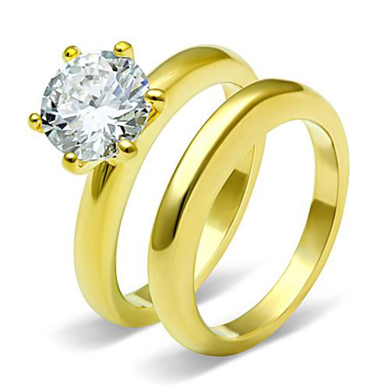 ST097G-AR012 His & Her 2.05Ct Stainless Steel Gold Plated Bridal Ring Set & Men Zirconia Band