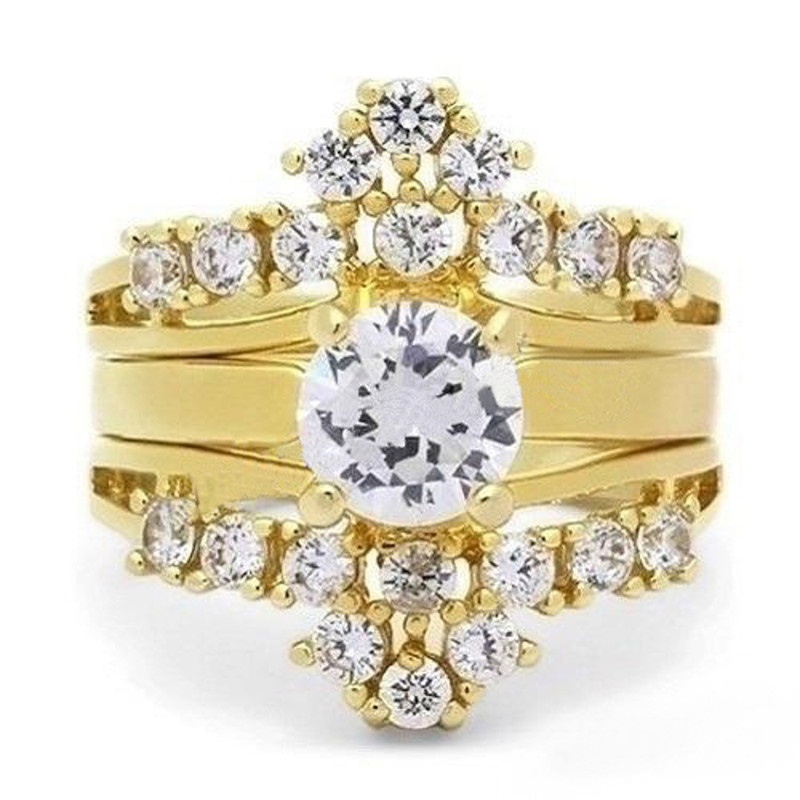 1.88 Ct Cz 14K Gold Plated Stainless Steel 3 Piece Wedding Ring Set Sizes 5-10