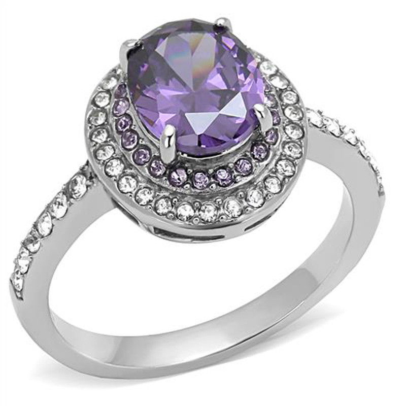 2.2 Ct Oval Cut Amethyst Color Cz Stainless Steel Halo Engagement Ring Size 5-10