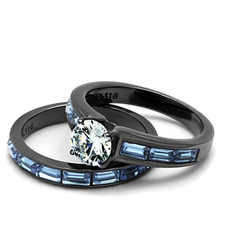 ARTK2845 2.85Ct Clear & Sea Blue Cz Gray Stainless Steel Wedding Ring Set Women's Sz 5-10