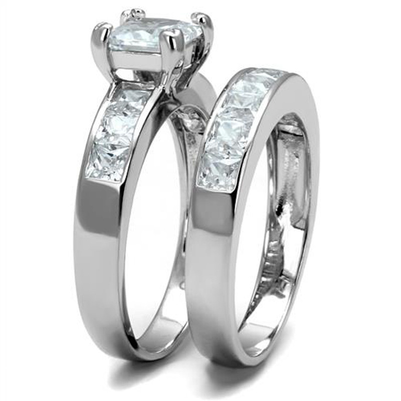 ARTS520 Princess Cut Cubic Zircoina .925 Sterling Silver Rhodium Plated Wedding Ring Set