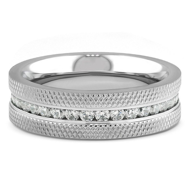 ARCJSS485 Stainless Steel Channel-Set Grooved Pattern Cubic Zirconia Eternity Wedding Ring
