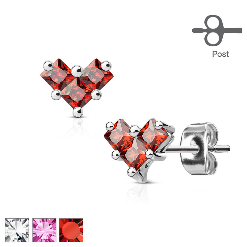 MJ-EA-014 Pair of 3 Square CZ Heart 316L Surgical Steel Post Earring Studs